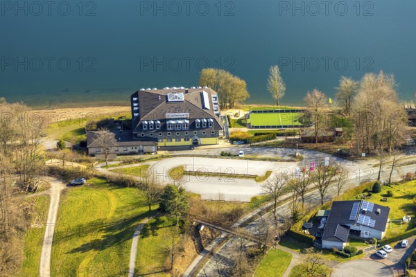Aerial photo, DJH Youth Hostel Sorpesee, Langscheid, Sundern, Sauerland, North Rhine-Westphalia, Germany, DE, Europe, aerial photo, aerial photography, aerial photography, overview, bird's-eye view, birds-eyes, view, overview, drinking water, water supply, leisure, recreation, nature, reservoir, dam, water, swimming, boats, shipping, ships, recreation, youth hostel, accommodation, holidays, holiday, hostel, hostel