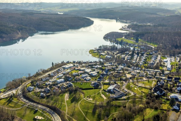 Aerial view, overview Langscheid, Sorpesee, Langscheid, Sundern, Sauerland, North Rhine-Westphalia, Germany, DE, Europe, aerial view, aerial photography, aerial photography, overview, bird's-eye view, birds-eyes, view, overview, drinking water, water supply, leisure, recreation, nature, reservoir, water, swimming, boats, shipping, ships, recreation