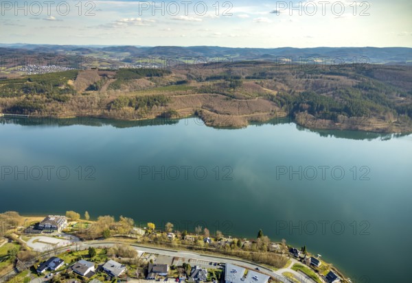 Aerial photo, DJH Youth Hostel Sorpesee, Langscheid, Sundern, Sauerland, North Rhine-Westphalia, Germany, DE, Europe, aerial photo, aerial photography, aerial photography, overview, bird's-eye view, birds-eyes, view, overview, drinking water, water supply, leisure, recreation, nature, reservoir, dam, water, swimming, boats, shipping, ships, recreation, youth hostel, accommodation, holidays, holiday, hostel, hostel