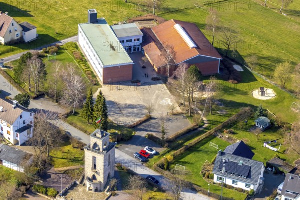 Aerial view, observation tower memorial architect Heinrich Verfuß, primary school Freie Schule am See, Langscheid, Sundern, Sauerland, North Rhine-Westphalia, Germany, DE, Europe, aerial view, aerial photography, aerial photography, overview, bird's-eye view, birds-eyes, view, overview, education, pupils, college, education, school year, homework, class, year group, education, pedagogy, memorial, fallen