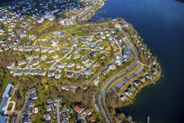 Aerial view, overview Langscheid, Sorpe shore, Sorpe lake, Langscheid, Sundern, Sauerland, North Rhine-Westphalia, Germany, DE, Europe, aerial view, aerial photography, aerial photography, overview, bird's-eye view, birds-eyes, view, overview, drinking water, water supply, leisure, recreation, nature, reservoir, dam, water, swimming, boats, shipping, ships, recreation