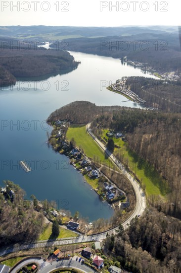 Aerial view, Sorpesee, Sorpe shore, camping at Sorpesee, campsite, Langscheid, Sundern, Sauerland, North Rhine-Westphalia, Germany, DE, Europe, aerial view, aerial photography, aerial photography, overview, bird's-eye view, birds-eyes, view, overview, drinking water, water supply, leisure, recreation, nature, reservoir, dam, water, swimming, boats, shipping, ships, recreation, overnight stay, camping, holidays, holiday, motorhome site