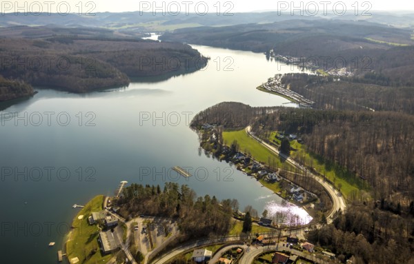 Aerial view, Sorpesee, Sorpe shore, camping at Sorpesee, campsite, Langscheid, Sundern, Sauerland, North Rhine-Westphalia, Germany, DE, Europe, aerial view, aerial photography, aerial photography, overview, bird's-eye view, birds-eyes, view, overview, drinking water, water supply, leisure, recreation, nature, reservoir, dam, water, swimming, boats, shipping, ships, recreation, overnight stay, camping, holidays, holiday, motorhome site