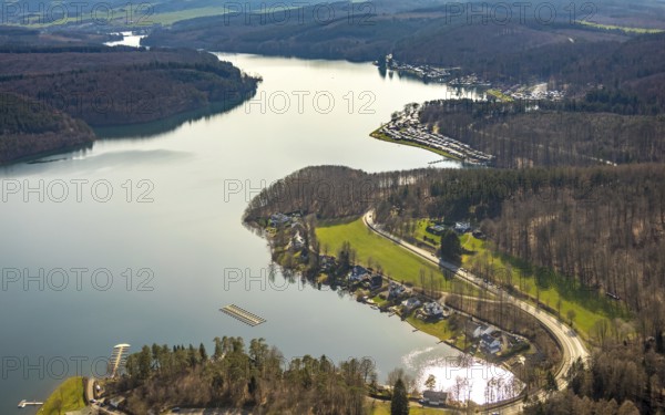 Aerial view, Sorpesee, Sorpe shore, camping at Sorpesee, campsite, Langscheid, Sundern, Sauerland, North Rhine-Westphalia, Germany, DE, Europe, aerial view, aerial photography, aerial photography, overview, bird's-eye view, birds-eyes, view, overview, drinking water, water supply, leisure, recreation, nature, reservoir, dam, water, swimming, boats, shipping, ships, recreation, overnight stay, camping, holidays, holiday, motorhome site