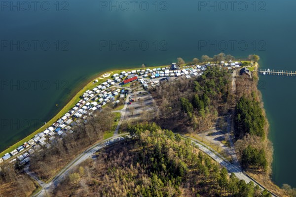 Aerial view, Sorpesee, Sorpe shore, camping at Sorpesee, campsite, Langscheid, Sundern, Sauerland, North Rhine-Westphalia, Germany, DE, Europe, aerial view, aerial photography, aerial photography, overview, bird's-eye view, birds-eyes, view, overview, drinking water, water supply, leisure, recreation, nature, reservoir, dam, water, swimming, boats, shipping, ships, recreation, overnight stay, camping, holidays, holiday, motorhome site