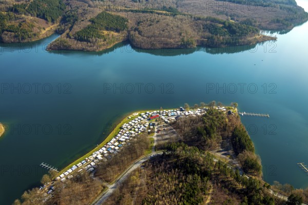 Aerial view, Sorpesee, Sorpe shore, camping at Sorpesee, campsite, Langscheid, Sundern, Sauerland, North Rhine-Westphalia, Germany, DE, Europe, aerial view, aerial photography, aerial photography, overview, bird's-eye view, birds-eyes, view, overview, drinking water, water supply, leisure, recreation, nature, reservoir, dam, water, swimming, boats, shipping, ships, recreation, overnight stay, camping, holidays, holiday, motorhome site