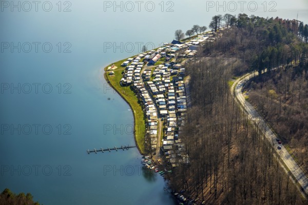 Aerial view, Sorpesee, Sorpe shore, camping at Sorpesee, campsite, Langscheid, Sundern, Sauerland, North Rhine-Westphalia, Germany, DE, Europe, aerial view, aerial photography, aerial photography, overview, bird's-eye view, birds-eyes, view, overview, drinking water, water supply, leisure, recreation, nature, reservoir, dam, water, swimming, boats, shipping, ships, recreation, overnight stay, camping, holidays, holiday, motorhome site