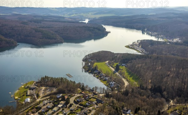 Aerial view, Sorpesee, Sorpe shore, camping at Sorpesee, campsite, Langscheid, Sundern, Sauerland, North Rhine-Westphalia, Germany, DE, Europe, aerial view, aerial photography, aerial photography, overview, bird's-eye view, birds-eyes, view, overview, drinking water, water supply, leisure, recreation, nature, reservoir, dam, water, swimming, boats, shipping, ships, recreation, overnight stay, camping, holidays, holiday, motorhome site