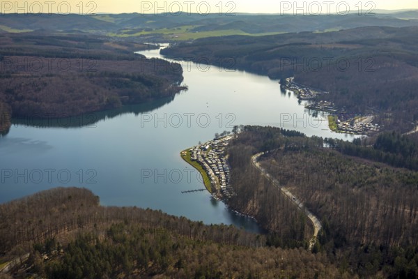 Aerial view, Sorpesee, Sorpe shore, camping at Sorpesee, campsite, Langscheid, Sundern, Sauerland, North Rhine-Westphalia, Germany, DE, Europe, aerial view, aerial photography, aerial photography, overview, bird's-eye view, birds-eyes, view, overview, drinking water, water supply, leisure, recreation, nature, reservoir, dam, water, swimming, boats, shipping, ships, recreation, overnight stay, camping, holidays, holiday, motorhome site