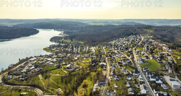Aerial view, overview Langscheid, Sorpesee, Langscheid, Sundern, Sauerland, North Rhine-Westphalia, Germany, DE, Europe, aerial view, aerial photography, aerial photography, overview, bird's-eye view, birds-eyes, view, overview, drinking water, water supply, leisure, recreation, nature, reservoir, water, swimming, boats, shipping, ships, recreation