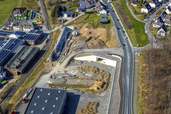 Aerial view, roadway renewal Stemeler Straße - Am Hölzchen, Stemel, Sundern, Sauerland, North Rhine-Westphalia, Germany, DE, Europe, aerial view, aerial photography, aerial photography, overview, bird's-eye view, birds-eyes, view, overview