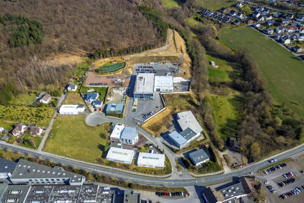 Aerial view, industrial estate Hüstener Straße / Kalmecke, GreenTeam Reik Uhlemann, Redder &amp, Vatheuer, Schrade Drehtechnik, Sundern, Sauerland, North Rhine-Westphalia, Germany, DE, Europe, aerial view, aerial photography, aerial photography, overview, bird's-eye view, view, overview, industry, business, economy, commercial enterprise, production, trade