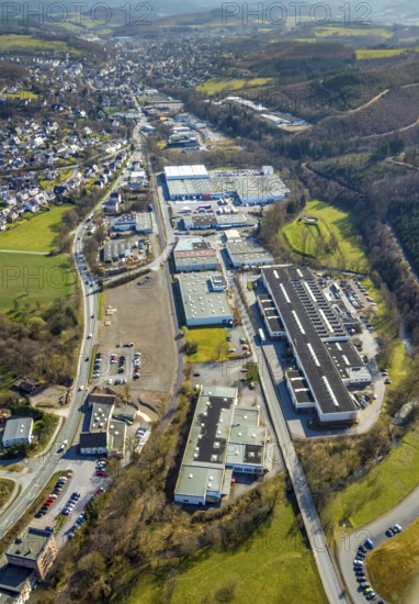 Aerial view, industrial estate Hüstener Straße, Sundern, Sauerland, North Rhine-Westphalia, Germany, DE, Europe, aerial view, aerial photography, aerial photography, overview, bird's-eye view, view, overview, industry, business, economy, commercial enterprise, production, trade