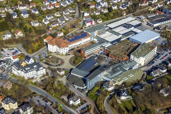 Aerial view, city administration, town hall, town hall square, Sundern, Sauerland, North Rhine-Westphalia, Germany, DE, Europe, aerial view, aerial photography, aerial photography, overview, bird's-eye view, view, overview, citizen's office, citizens' office, identity card, passport, driving licence, registry office, residents' registration office