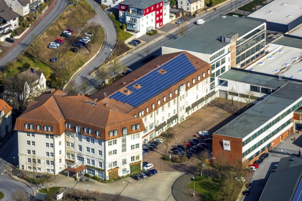 Aerial view, city administration, town hall, town hall square, Sundern, Sauerland, North Rhine-Westphalia, Germany, DE, Europe, aerial view, aerial photography, aerial photography, overview, bird's-eye view, view, overview, citizen's office, citizens' office, identity card, passport, driving licence, registry office, residents' registration office