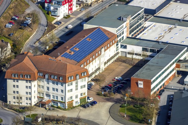 Aerial view, city administration, town hall, town hall square, Sundern, Sauerland, North Rhine-Westphalia, Germany, DE, Europe, aerial view, aerial photography, aerial photography, overview, bird's-eye view, view, overview, citizen's office, citizens' office, identity card, passport, driving licence, registry office, residents' registration office