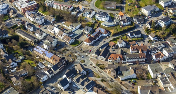 Aerial view, roundabout Settmeckestraße / Hauptstraße / Grünewaldstraße, Sundern, Sauerland, North Rhine-Westphalia, Germany, DE, Europe, aerial view, aerial photography, aerial photography, overview, bird's-eye view, birds-eyes, view, overview, road traffic, connection, road layout, intersection, traffic junction, traffic management, driving licence, transport, traffic, infrastructure, logistics