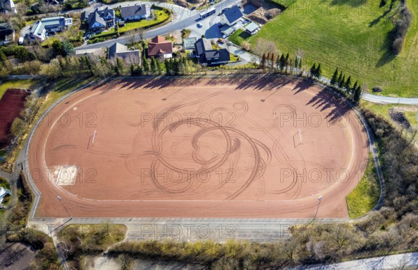 Aerial photo, sports field at Sudern school centre, Sundern, Sauerland, North Rhine-Westphalia, Germany, DE, Europe, aerial view, aerial photography, aerial photography, overview, bird's-eye view, view, overview, education, pupils, college, training, school year, homework, class, year group, education, pedagogy, gymnastics, sport, ball sports, fitness, movement, athletics