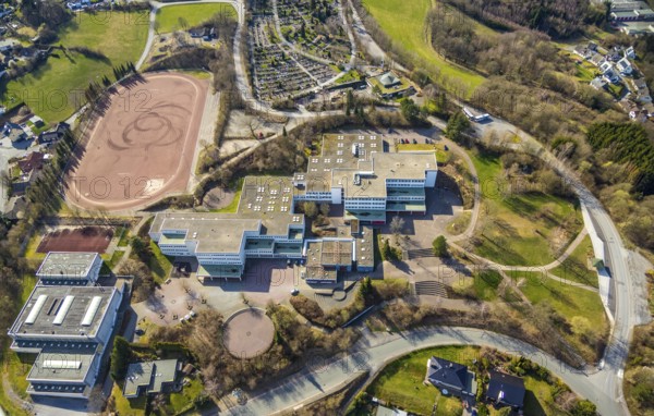 Aerial view, school centre Sundern, Städtisches Gymnasium Sundern, Gemeinschaftshauptschule Sundern, sports field, Sundern, Sauerland, North Rhine-Westphalia, Germany, DE, Europe, aerial view, aerial photography, aerial photography, overview, bird's-eye view, view, overview, education, pupils, college, education, school year, homework, class, year group, education, pedagogy, gymnastics, sport, ball sports, fitness, movement, athletics