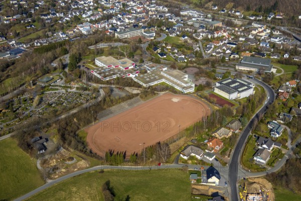 Aerial view, school centre Sundern, Städtisches Gymnasium Sundern, Gemeinschaftshauptschule Sundern, sports field, Sundern, Sauerland, North Rhine-Westphalia, Germany, DE, Europe, aerial view, aerial photography, aerial photography, overview, bird's-eye view, view, overview, education, pupils, college, education, school year, homework, class, year group, education, pedagogy, gymnastics, sport, ball sports, fitness, movement, athletics