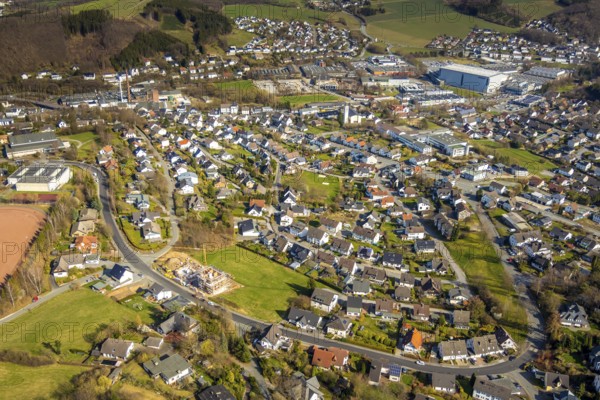 Aerial photo, housing estate, single-family houses, Sundern, Sauerland, North Rhine-Westphalia, Germany, DE, Beluga (sturgeon), Europe, aerial photography, aerial photography, overview, bird's-eye view, view, overview, living, flat, houses, residential buildings, settlement