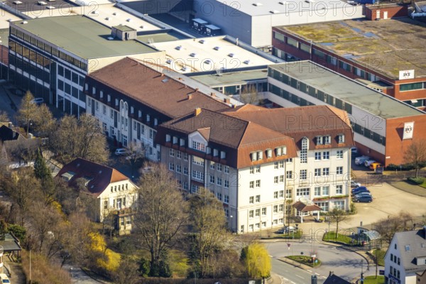 Aerial view, city administration, town hall, town hall square, Sundern, Sauerland, North Rhine-Westphalia, Germany, DE, Europe, aerial view, aerial photography, aerial photography, overview, bird's-eye view, view, overview, citizen's office, citizens' office, identity card, passport, driving licence, registry office, residents' registration office