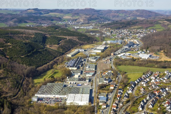 Aerial view, industrial estate Hüstener Straße, Sundern, Sauerland, North Rhine-Westphalia, Germany, DE, Europe, aerial view, aerial photography, aerial photography, overview, bird's-eye view, view, overview, industry, business, economy, commercial enterprise, production, trade