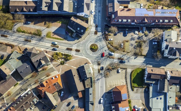 Aerial view, roundabout Settmeckestraße / Hauptstraße / Grünewaldstraße, Sundern, Sauerland, North Rhine-Westphalia, Germany, DE, Europe, aerial view, aerial photography, aerial photography, overview, bird's-eye view, birds-eyes, view, overview, road traffic, connection, road layout, intersection, traffic junction, traffic management, driving licence, transport, traffic, infrastructure, logistics