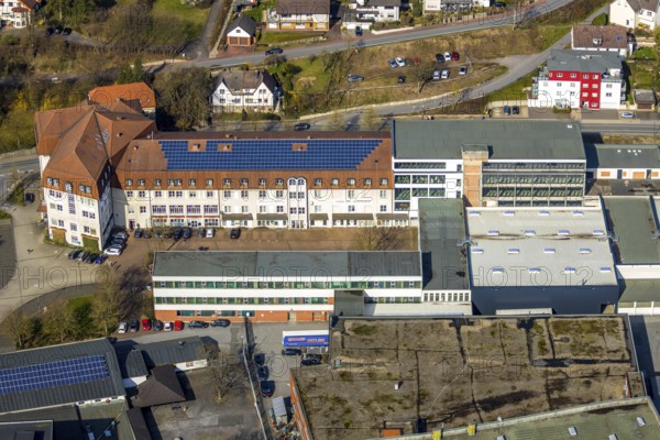Aerial view, city administration, town hall, town hall square, Sundern, Sauerland, North Rhine-Westphalia, Germany, DE, Europe, aerial view, aerial photography, aerial photography, overview, bird's-eye view, view, overview, citizen's office, citizens' office, identity card, passport, driving licence, registry office, residents' registration office