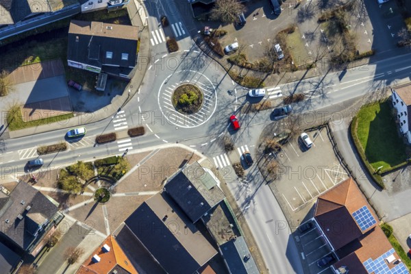 Aerial view, roundabout Settmeckestraße / Hauptstraße / Grünewaldstraße, Sundern, Sauerland, North Rhine-Westphalia, Germany, DE, Europe, aerial view, aerial photography, aerial photography, overview, bird's-eye view, birds-eyes, view, overview, road traffic, connection, road layout, intersection, traffic junction, traffic management, driving licence, transport, traffic, infrastructure, logistics
