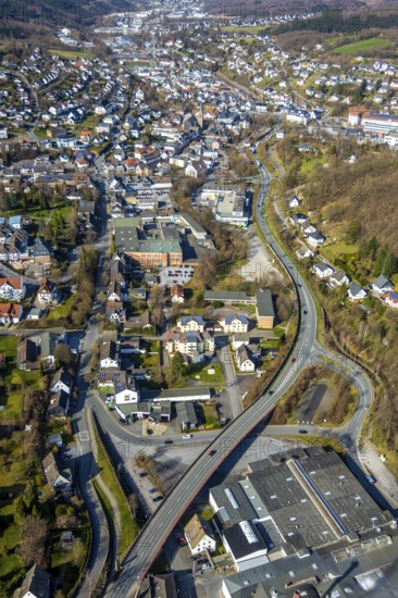 Aerial view, town centre Sundern, main street, Sundern, Sauerland, North Rhine-Westphalia, Germany, DE, Europe, aerial view, aerial photography, aerial photography, overview, bird's-eye view, view, overview, village, district, place