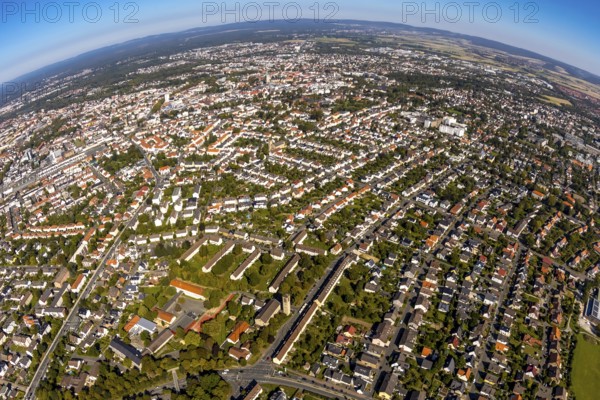 Aerial photograph, local view with fisheye lens, Paderborn, Ostwestfalen-Lippe, OWL, North Rhine-Westphalia, Germany, DE, Europe, fisheye lens, property tax, real estate, aerial photograph, aerial photography, aerial photography, OWL book, OWL book, Ostwestfalen, super wide-angle lens, overview, bird's eye view, residential area, living and living, residential area, residential buildings, residential quality, residential neighbourhood, housing estate, birds-eyes view, fisheye lens, overview