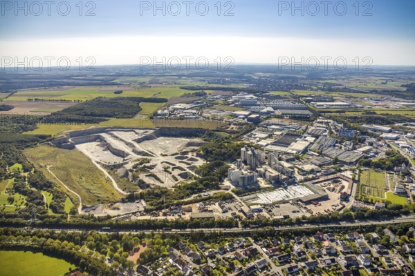 Aerial view, Heidelberg Cement, quarry Am Atlaswerk, CLAAS Industrietechnik GmbH, Paderborn, Ostwestfalen-Lippe, OWL, North Rhine-Westphalia, Germany, federal road B64, DE, Europe, distant view, commercial enterprises, commercial area, industrial estate, industrial park, commercial location, commercial use, industrial area, industrial building, industrial location, aerial view, aerial photography, aerial photography, OWL book, OWL book, East Westphalia, overview, bird's-eye view, meadows and fields, birds-eyes view, overview