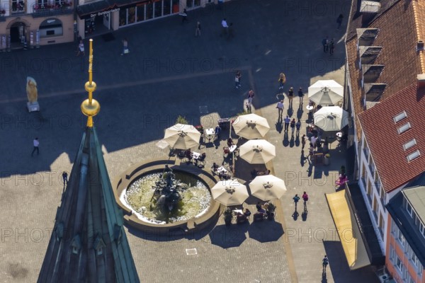 Aerial view, town hall fountain, town hall square, Paderborn, East Westphalia-Lippe, OWL, North Rhine-Westphalia, Germany, outdoor catering, Corona measures, DE, Europe, gastronomy, Kump, aerial view, aerial photography, aerial photography, OWL book, OWL book, East Westphalia, sunshades, overview, bird's-eye view, overview
