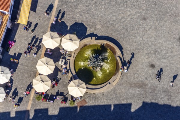 Aerial view, town hall fountain, town hall square, Paderborn, East Westphalia-Lippe, OWL, North Rhine-Westphalia, Germany, outdoor catering, Corona measures, DE, Europe, gastronomy, Kump, aerial view, aerial photography, aerial photography, OWL book, OWL book, East Westphalia, sunshades, overview, bird's-eye view, overview