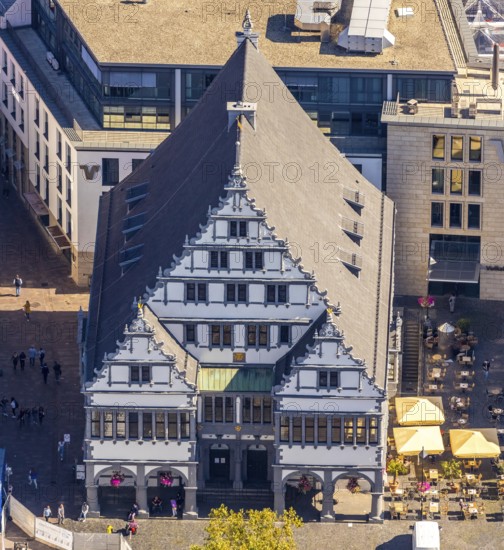 Aerial view, town hall, town hall square, Paderborn, East Westphalia-Lippe, OWL, North Rhine-Westphalia, Germany, distance rule, outdoor catering, authority, Corona crisis, Corona measures, Corona virus, DE, Europe, gastronomy, aerial view, aerial photography, aerial photography, OWL book, OWL book, East Westphalia, sight, sunshades, city administration, overview, bird's eye view, landmark, Weser Renaissance, birds-eyes view, historic town hall, overview