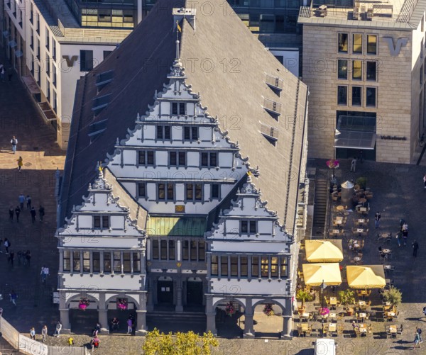 Aerial view, town hall, town hall square, Paderborn, East Westphalia-Lippe, OWL, North Rhine-Westphalia, Germany, distance rule, outdoor catering, authority, Corona crisis, Corona measures, Corona virus, DE, Europe, gastronomy, aerial view, aerial photography, aerial photography, OWL book, OWL book, East Westphalia, sight, sunshades, city administration, overview, bird's eye view, landmark, Weser Renaissance, birds-eyes view, historic town hall, overview