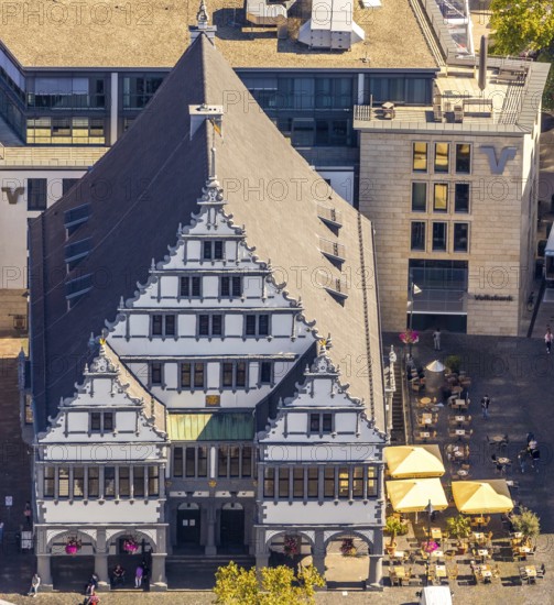 Aerial view, town hall, town hall square, Paderborn, East Westphalia-Lippe, OWL, North Rhine-Westphalia, Germany, distance rule, outdoor catering, authority, Corona crisis, Corona measures, Corona virus, DE, Europe, gastronomy, aerial view, aerial photography, aerial photography, OWL book, OWL book, East Westphalia, sight, sunshades, city administration, overview, bird's eye view, landmark, Weser Renaissance, birds-eyes view, historic town hall, overview