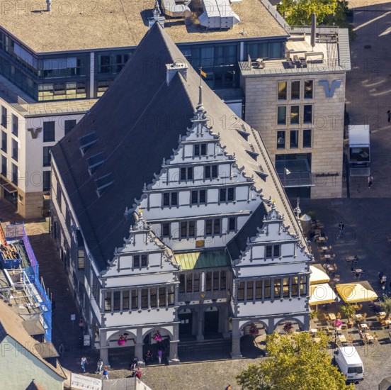 Aerial view, town hall, town hall square, Paderborn, East Westphalia-Lippe, OWL, North Rhine-Westphalia, Germany, distance rule, outdoor catering, authority, Corona crisis, Corona measures, Corona virus, DE, Europe, restaurant, gastronomy, aerial view, aerial photography, aerial photography, OWL book, OWL book, East Westphalia, restaurant, parasols, city administration, overview, bird's eye view, Weser Renaissance, birds-eyes view, overview