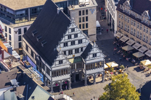 Aerial view, town hall, town hall square, Paderborn, East Westphalia-Lippe, OWL, North Rhine-Westphalia, Germany, distance rule, outdoor catering, authority, Cafe Celona, Corona crisis, Corona measures, Corona virus, DE, Europe, gastronomy, aerial view, aerial photography, aerial photography, OWL book, OWL book, East Westphalia, parasols, city administration, overview, bird's eye view, Weser Renaissance, birds-eyes view, overview
