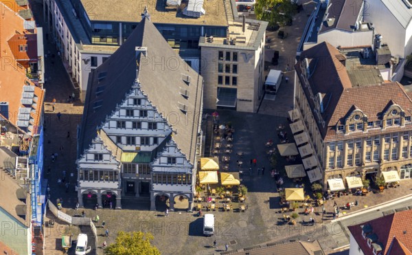 Aerial view, town hall, town hall square, Paderborn, East Westphalia-Lippe, OWL, North Rhine-Westphalia, Germany, distance rule, outdoor catering, authority, Cafe Celona, Corona crisis, Corona measures, Corona virus, DE, Europe, gastronomy, aerial view, aerial photography, aerial photography, OWL book, OWL book, East Westphalia, parasols, city administration, overview, bird's eye view, Weser Renaissance, birds-eyes view, overview