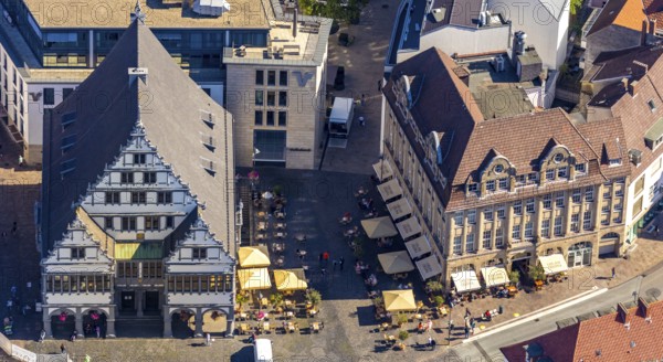 Aerial view, town hall, town hall square, Paderborn, East Westphalia-Lippe, OWL, North Rhine-Westphalia, Germany, distance rule, outdoor catering, authority, Cafe Celona, Corona crisis, Corona measures, Corona virus, DE, Europe, gastronomy, aerial view, aerial photography, aerial photography, OWL book, OWL book, East Westphalia, parasols, city administration, overview, bird's eye view, Weser Renaissance, birds-eyes view, overview