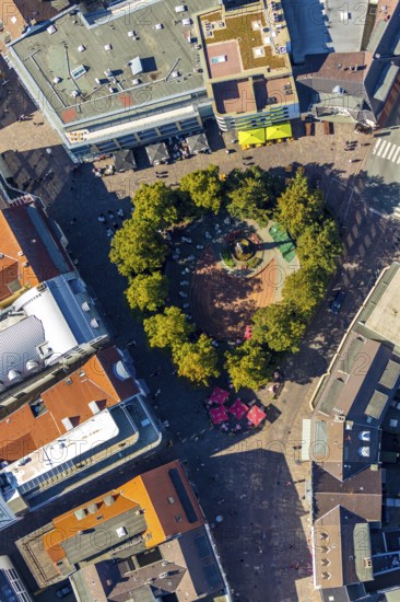 Aerial view, Mariensäule, Marienplatz, Paderborn, Ostwestfalen-Lippe, OWL, North Rhine-Westphalia, Germany, fountain, DE, Europe, green trees, aerial view, aerial photography, aerial photography, OWL book, OWL-Buch, Ostwestfalen, statue, overview, bird's-eye view, birds-eyes view, overview