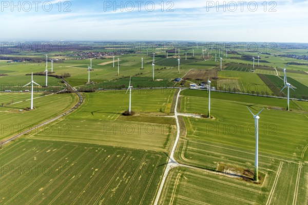 Aerial view, wind turbines on the B55 federal road, Warstein, North Rhine-Westphalia, Germany