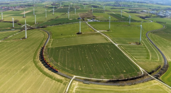Aerial view, wind turbines on the B55 federal road, train on railway line, Warstein, North Rhine-Westphalia, Germany