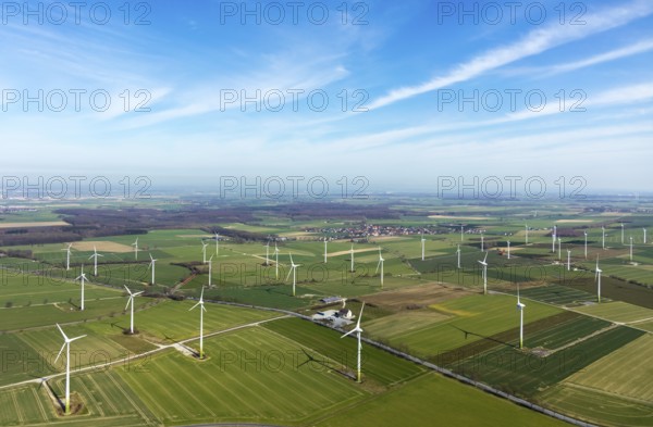 Aerial view, wind turbines on the B55 federal road, Warstein, North Rhine-Westphalia, Germany