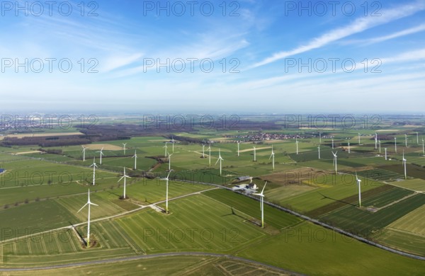 Aerial view, wind turbines on the B55 federal road, Warstein, North Rhine-Westphalia, Germany