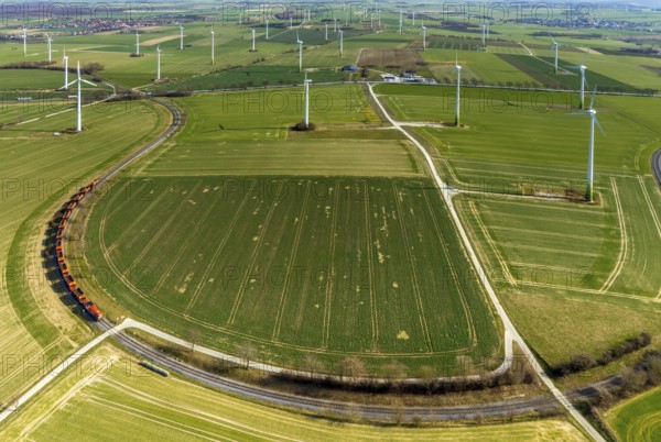 Aerial view, wind turbines on the B55 federal road, train on railway line, Warstein, North Rhine-Westphalia, Germany