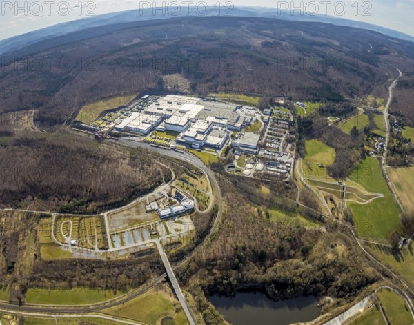 Aerial view, Warsteiner Brewery, Warsteiner Welt guest house, Warsteiner Welt visitor centre, Warstein, North Rhine-Westphalia, Germany