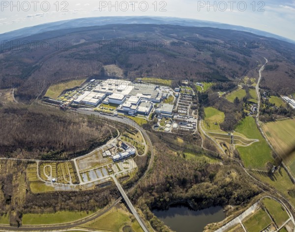 Aerial view, Warsteiner Brewery, Warsteiner Welt guest house, Warsteiner Welt visitor centre, Warstein, North Rhine-Westphalia, Germany